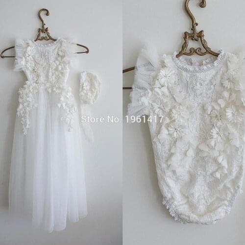 2020 Baby Girls Romper Set Newborn Christening Romper Dress + Hat Flower Lace Romper Ivory Christening clothes for newborn baby