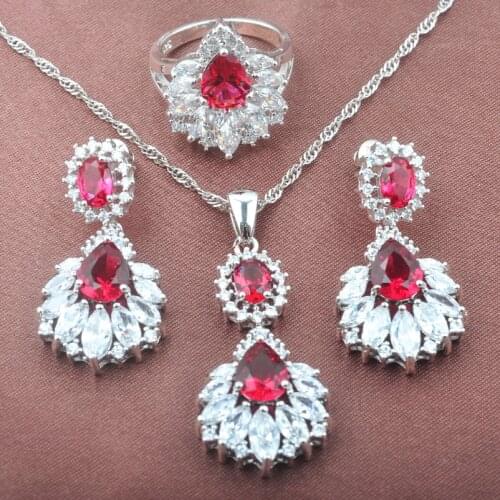 AAA Quality Red Rose Zircon White CZ Womens Silver Color Jewelry Sets Necklace Pendant Earrings Ring TZ0477