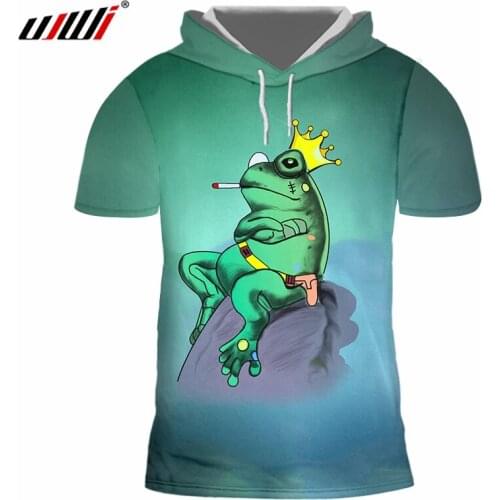 UJWI Fashion Animal Man Hooded Tshirt 3D Starry green frog Funny Streetwear Mens Tee Shirt Amusing Crown smoke Oversized T-shirt