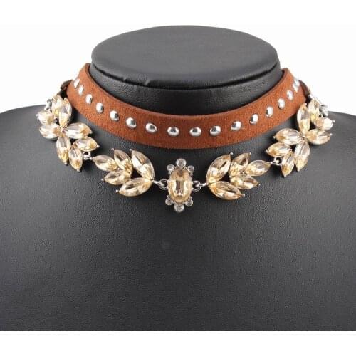 New Handmade Brand Crystal Necklace Leaf Pendant Leather Chain Bib Multilayers Statement Choker Necklace for Women