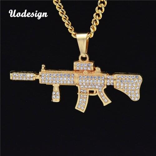 Uodesign Hip Hop bling bling Rhinestone M4 carbine shape pendant necklace 75cm long chain gun necklaces for Men jewelry