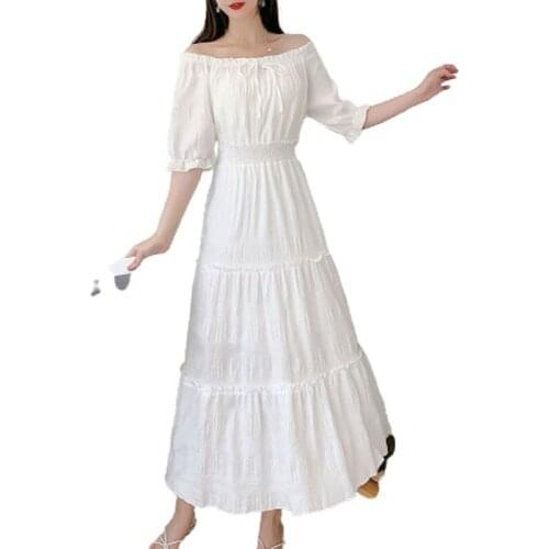 PERHAPS U Women Elegant Chiffon Candy Color Bow Slash Neck Ruffles Puff Sleeve Elastic waist Ankle Length Cake Dress D3051