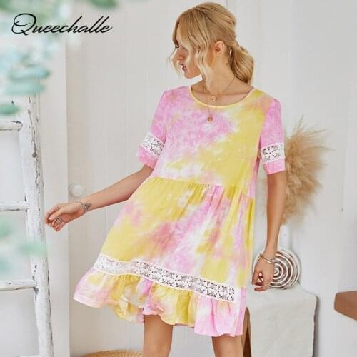 Queechalle Women Dresses Summer 2021 Retro Tie-dye Print Boho Beach Dress Short Sleeve Ruffle A Line Mini Dress Sundress Robe
