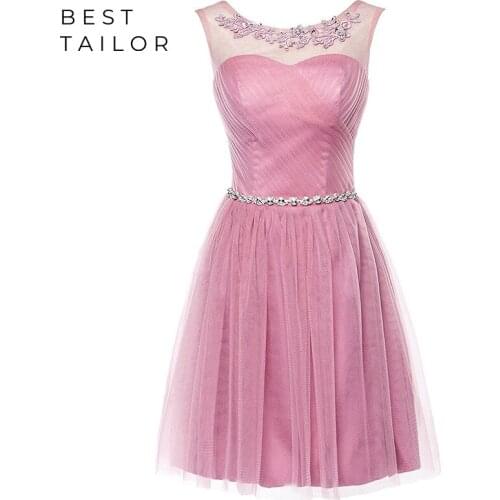 Bridesmaid Dresses Short Tulle Maid of Honor Gowns for Wedding Scoop Sheer Neck Dusty Rose Crystal A-Line Above Knee Sash Belt