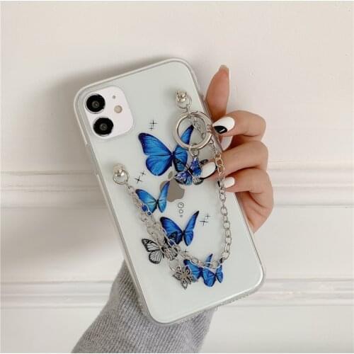 Transparent Phone Case for IPhone 11 12 Pro Max 10 XS Max XR Diamond blue Butterfly High Quality Finger Wristband Funda Capa