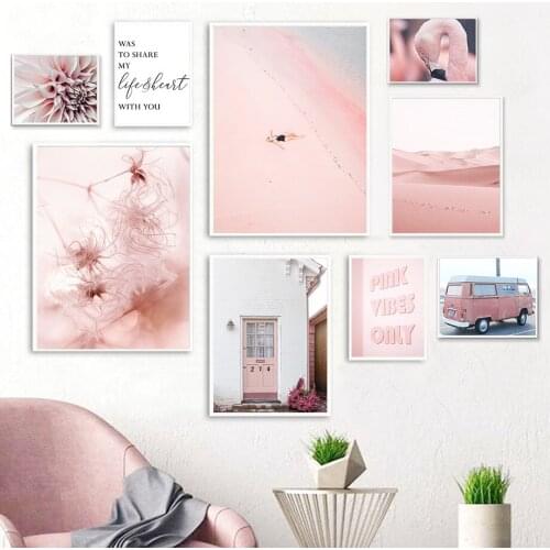 Pink Door Beach Dahlia Flamingo Car Quote Wall Art Canvas Painting Nordic Posters And Prints Wall Pictures For Living Room Decor