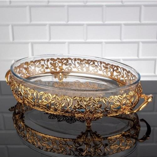 Glass Serving Tray Homedecor Luxury Service Plate Dish Golden Silver Oval Turkish Arabic Oriental Eastern