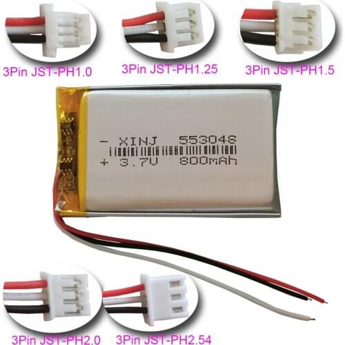 XINJ 3.7V 800mAh 3 Wires Thermistor Rechgerable Polymer Lipo Lithium Li Battery 553048 3Pin JST-PH 1.0 1.25 1.5 2.0 2.54mm Plut