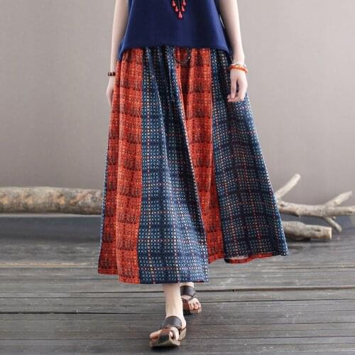 Johnature Women Plaid Vintage A-Line Skirts Elastic Waist Belt 2021 Summer Cotton Chinese Style Patchwork Color Female Skirts