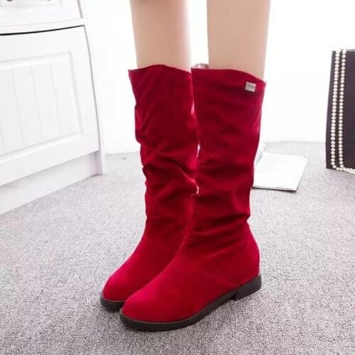 2021 New Fashion Zapatos De Mujer 3 Colors Women Nubuck Flock Solid Color Mid Calf Flat Boots Women Boots