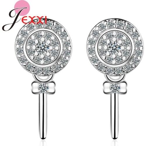 New Statement Women 925 Sterling Silver Stud Earrings Round Lollipop Cubic Zirconia Crystal Ear Friendship Jewelry Gift