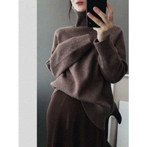 Vintage Warm Women Sweater Winter 2021 Oversized Solid Long Sleeve High Collar Streetwear Elegant Casual Cashmere Ladies Sweater