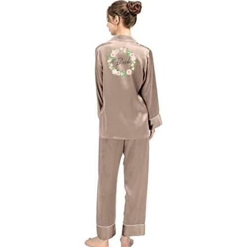 Women Spring and autumn home service two-piece suit Flower Print Bride Squad Silk Long pajamas set