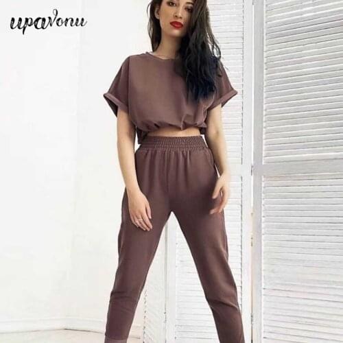 Free Shipping 2021 New Women Casual Solid Color Sportswear Set Round Neck Short Sleeve Pullover T-shirt & Trousers Two-piece Set
