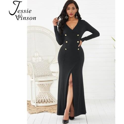 Jessie Vinson Solid Long Sleeve V-neck Split Long Maxi Dress Women Elegant Buttons Floor Length Dresses Party Female Vestidos