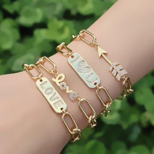 Gold Color Geometric Letter Love Bracelets for Women Heart Letters Oval Arrow Shape CZ Stone Fashion Charm Couple Jewelry