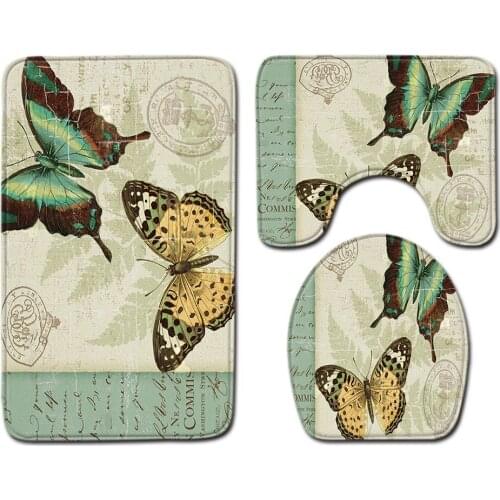3pcs/set Butterfly Print Anti-slip Bathroom Floor Mat Home Decor Shower Velvet Toilet Cover Bath Door Carpet Mats and Rugs Set
