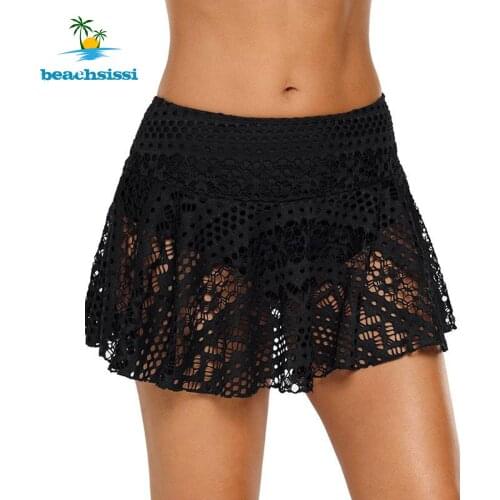 Beachsissi 2021 Womens Solid Lace Bikini Bottoms Two Layers Black Color Swimwear Mid Waist Skirt Swimming Bathing Suit