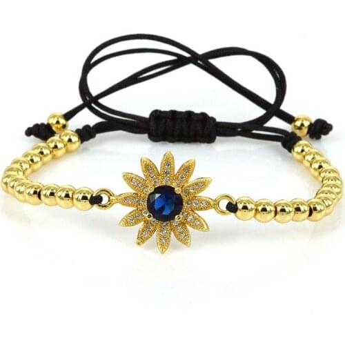 Sunflower Bracelet Girls Jewelry 4mm Copper Beads Blue Crystal Charm Adjustable Macrame Women Jewelry Bracelets Pulseras Mujer