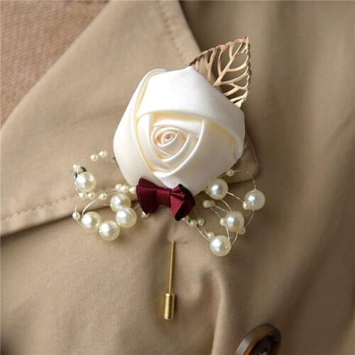 Ceremony Wedding Prom Corsage Flower Rose Brooch Pins Pearl Bow Bride Groom Flowers Boutonniere Satin Ribbon Accessories