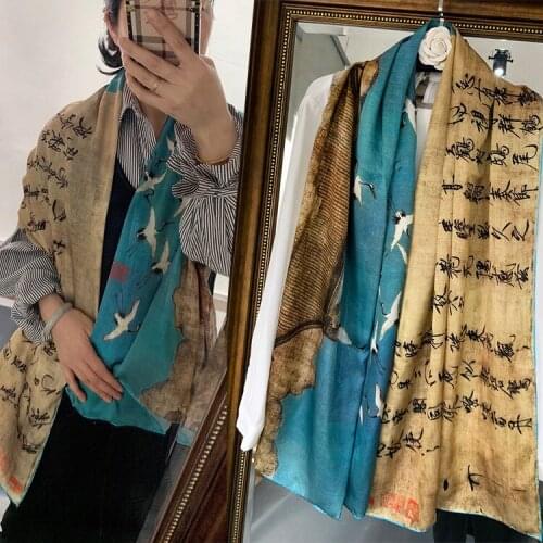 165cm*65cm Long Silk Scarf Chinese Style Wraps Shawls Crane Printed Foulard Bandana Long Large Shawls Wrpas Winter Neck Scarves