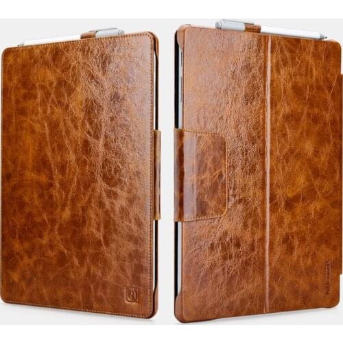 Icarer Oil Wax Vintage Genuine Leather Folio Case for Microsoft Surface Pro 4 / 5 / 6 / 7 / 8 Flip Protection Brown Cover