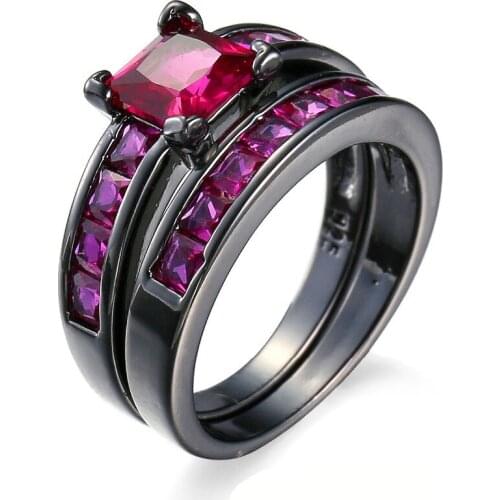 Silver plated ring set heart shape black gold color ring gules cz paved white zircon cut modern design rings jewelry wedding