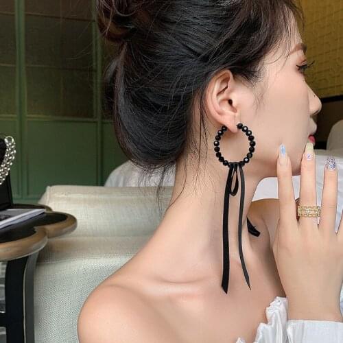 Korean Sexy Black Ribbon Beaded Ring Long Drop Earrings exaggerated Tassel Rope Dangle earrings for Women Girls Fashion Gifts