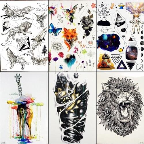 King of Jungle Geometric Fox Shark Moth Temporary Tattoo Hummingbird Waterproof Fake Black Lion Tattoo Sticker Women Men ALZ-411