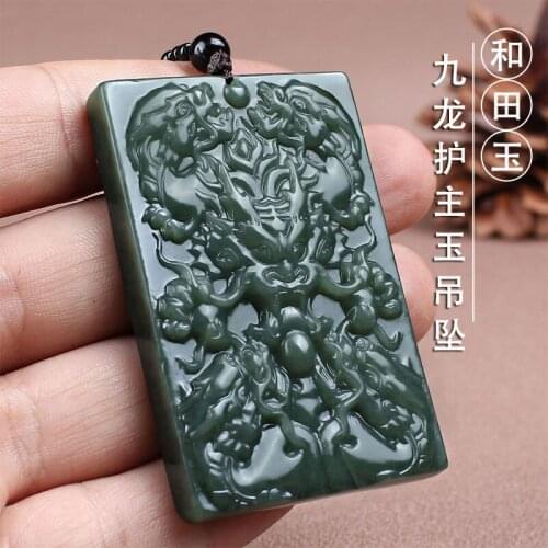 Natural jade A hetian jade handcarved9 dragon black jade green jade pendant jade necklace unique jadeite jade jewelry