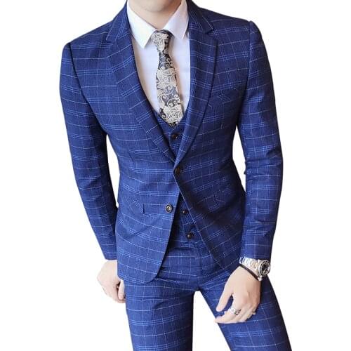 Mens Three Piece Jacket Trousers Waistcoat Business Set / Male High Quality Single Breasted Blazers Plaid Suit Coat Vest Pants