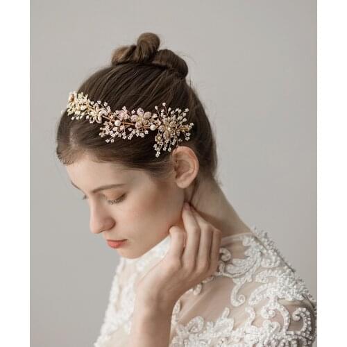 Romantic Sweetheart Bridal Headdress Alloy Small Pearl Rhinestone Flower Headband for Wedding Perform Studio Travel Photo O343
