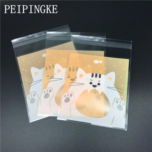 2 Sizes 100pcs Cute Cat Cookie Bag Self-adhesive Plastic Biscuits Bags Wedding Gift Candy Bag Christmas Cookie Packaging