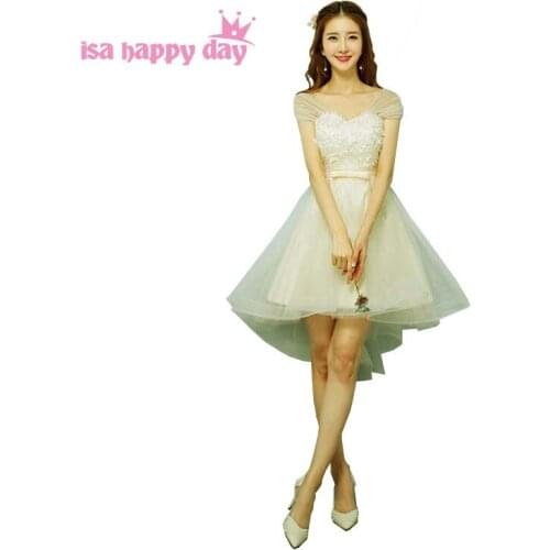 Country off shoulder girls short front long back champagne lace up bridesmaid dresses gown high low dress ball low back H4267