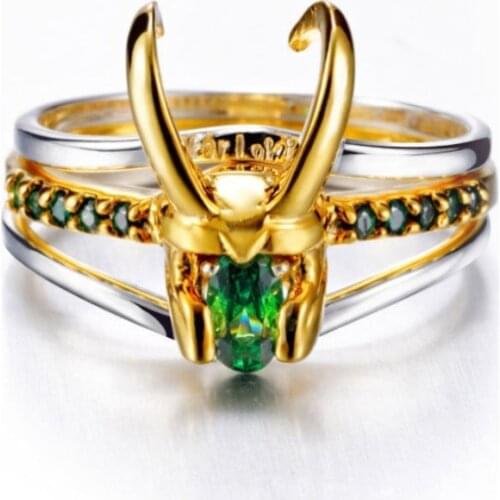 Megin D Silver Plated Loki 3 Layers Avenge Trick God Super Hero Gold Oval Green Stone Vintage Rings for Men Women Gift Jewelry