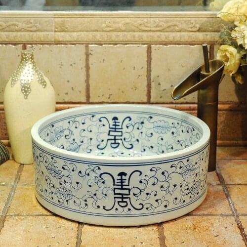 Blue and white Europe Vintage Style Art wash basin Ceramic Counter Top Wash Basin Bathroom Sinks porcelain vessel bathroom sinks
