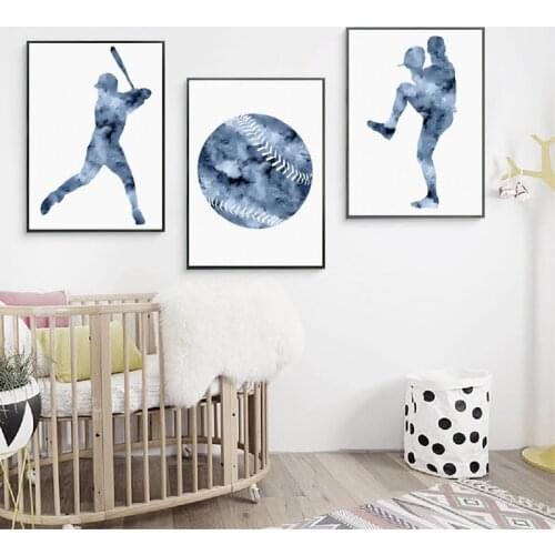 Sports Baseball Decor Canvas Art Prints Home Modern Posters , Watercolor Baseball Art Painting Picture Boys Room Wall Decoration