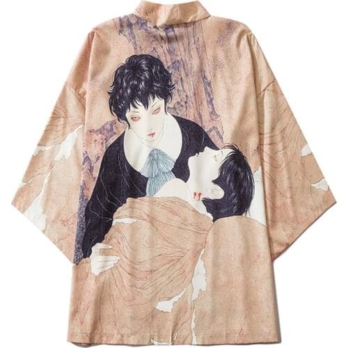 Street Vampire Print Cardigan Shirt 2021 Women Men Traditional Yukata Orange Asian Clothing Haori Obi Japanese Cosplay Kimono