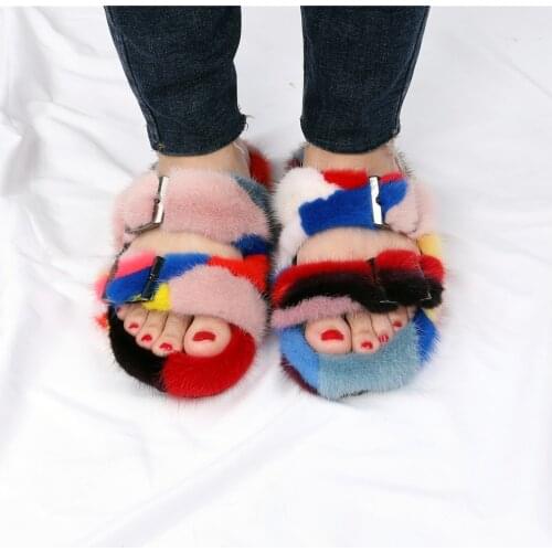 European Station Real Mink Fur Shoes Ladies Fur Slides Flat Heel Slippers For Women Camouflage Colorful