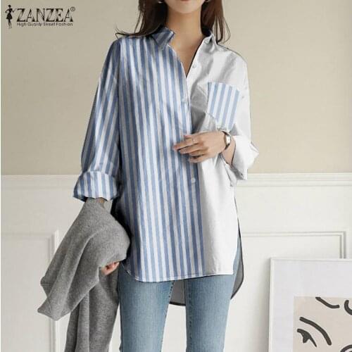 ZANZAE OL Womens Blouse 2021 Spring Patchwork OL Shirts Casual Long Sleeve Tops Female Lapel Pockets Streetwear Plus Size 5XL 7