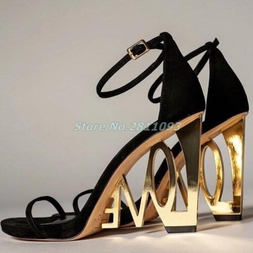 Strange Style Heel Shoes Metal Fashion Luxury Designer Heel Sandals Open Toe Strap Ankle Buckle Cut Out Dress Ladies Shoes Black