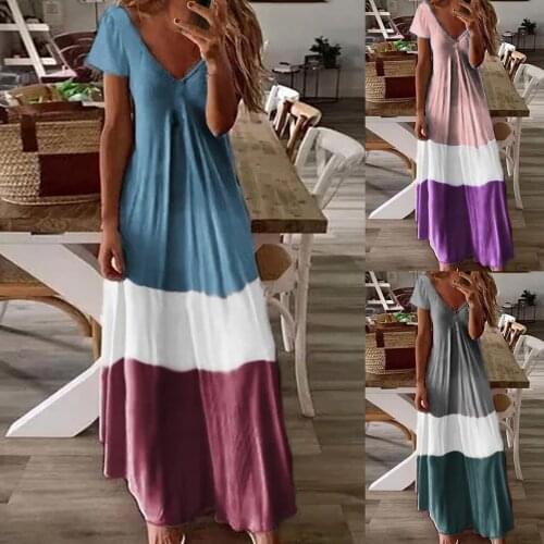 Womens Summer Casual Dress Short Sleeve V-neck Color Block Splicing Dress Beach Vacation Loose Hem Maxi Dresses Vestidos Femme