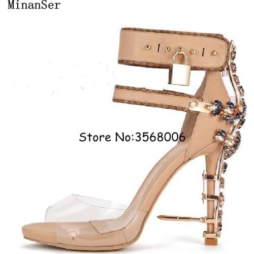 2018 Sexy Rhinestone Heel Gladiator Sandals Woman PVC Open Toe Diamond High Heel Shoes Women Ankle Lock Party Shoes TOP Quality