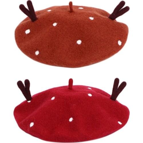 Women Winter Warm Christmas Faux Wool Beret Cap Cute 3D Reindeer Antlers White Dot Vintage Painter Holiday Mushroom Hat