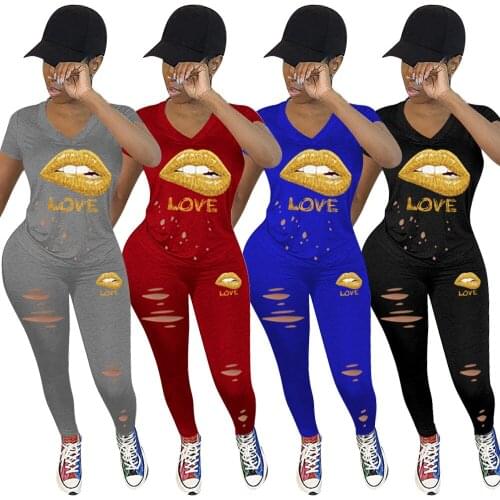 2020 Women Lips Love Print Classic Two Piece Set Sweatshirts Hole Jogger PantsTrousers Pants Suit Tracksuit Matching Sest Outfit