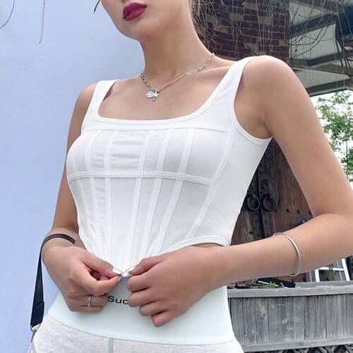 2021 Summer Slim Skinny U-Neck Tank Top Women Ladies Solid Color Wild Sleeveless Base Perspective Stylish Cropped Vest