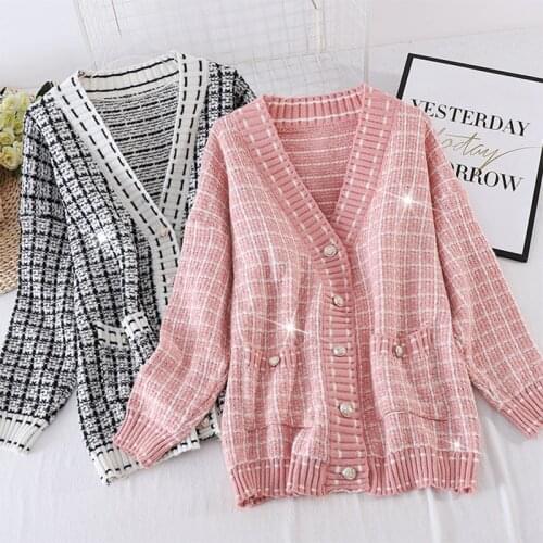 2020 Autumn Outwear Knitting Women Clothes V Neck Single Breasted Long Sleeve Plaid Knitted Cardigan Sweater Coat Pink