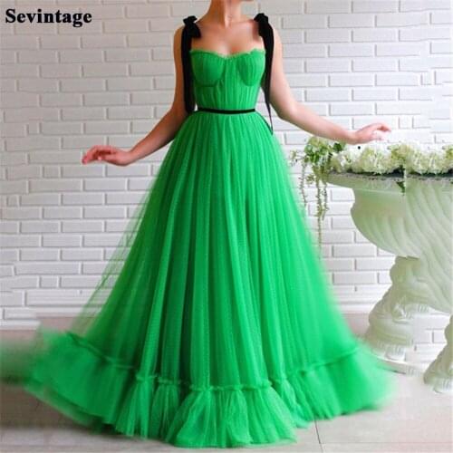 Sevintage Mint Green Dotted Tulle Long Prom Dresses Pleats Velvet Spaghetti Strap Evening Gowns 2021 Formal Women Party Dress