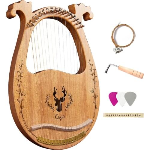 16-String Wooden Lyre Harp Resonance Box String Instrument with Tuning Wrench 3pcs Picks Sticker Extra Set of Strings