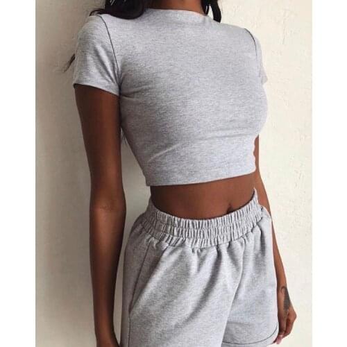 2020 Summer Women Set Fashion High Neck Short Sleeve Slim Crop Top Shorts Loose Solid Color Set Gym Sport Suit